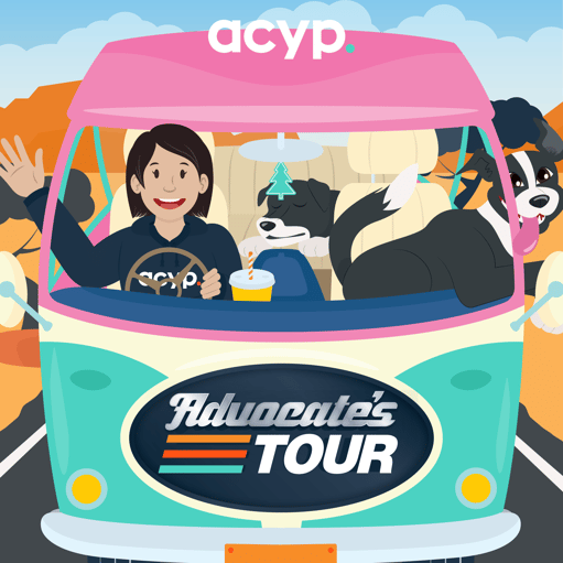 An illustration of a woman driving a van with two dogs inside.
