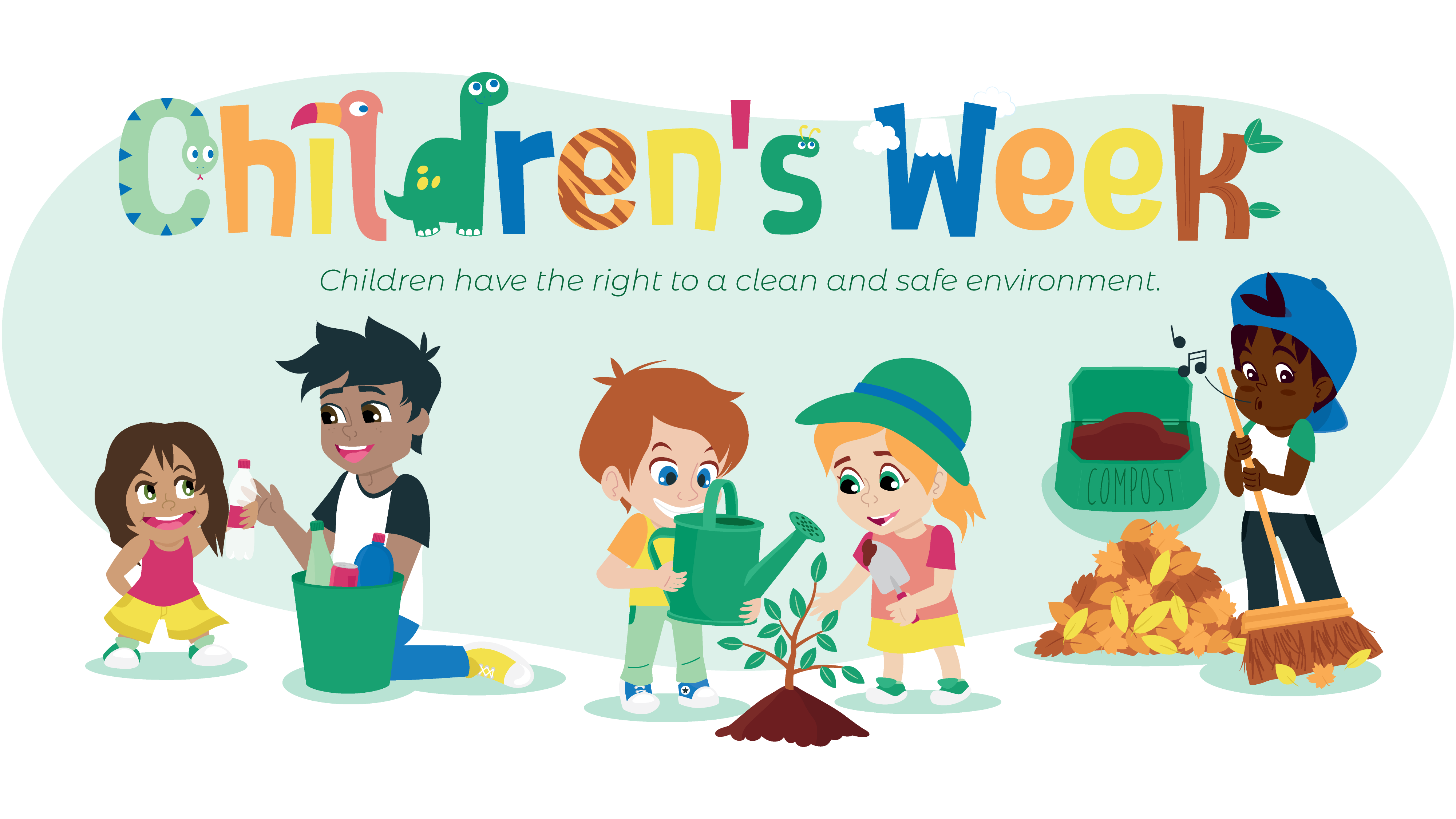 Illustration of five children collecting bottles, watering a plant and sweeping up leaves